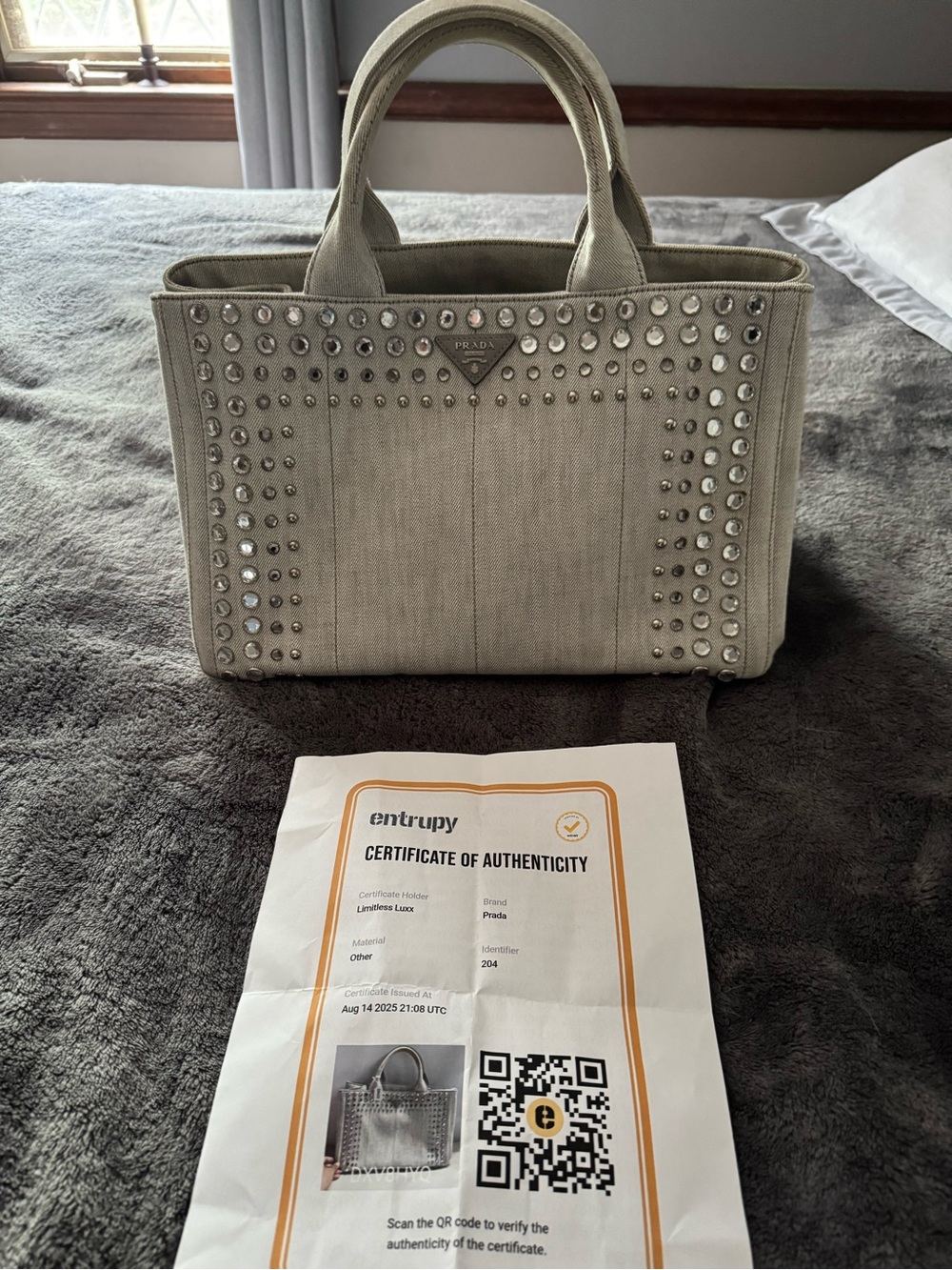 Prada Crystal-Studded Beige/Grey Canvas Tote - Picture 2 of 7